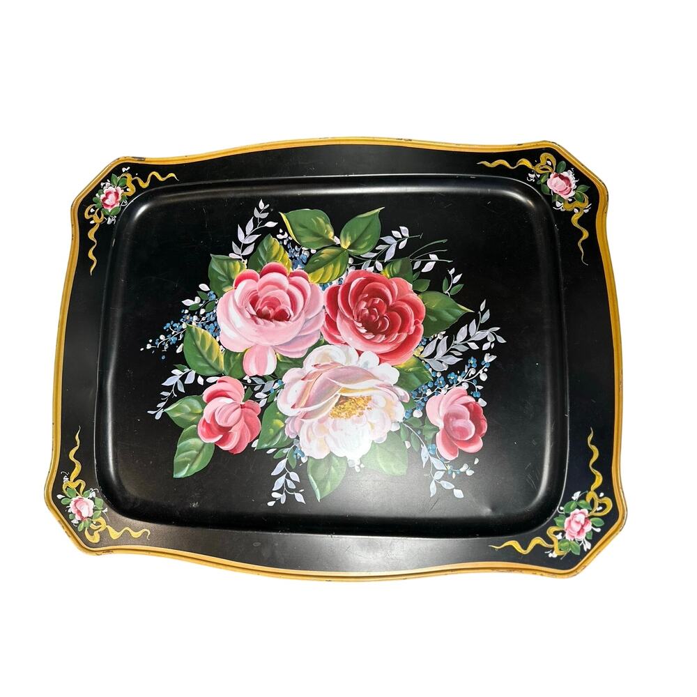 Vintage Black Metal Hand Painted Toleware Floral Serving Tray Scalloped Border